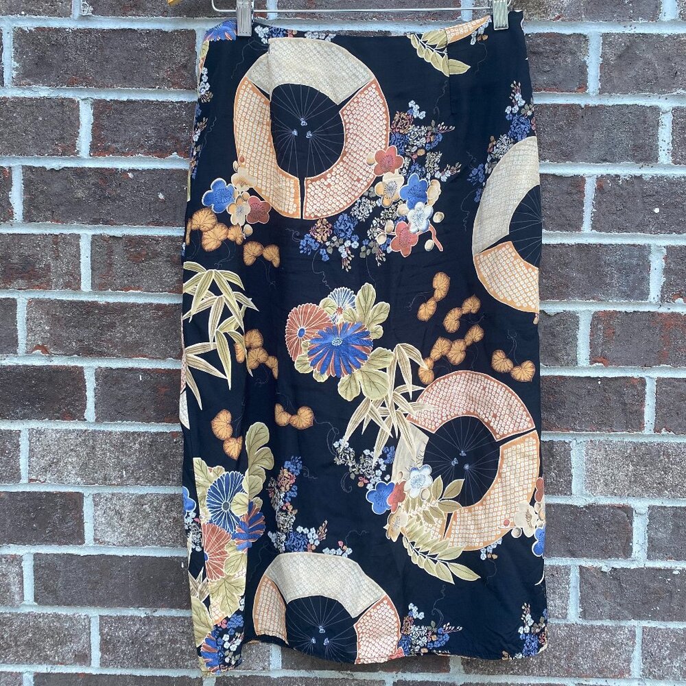 Vintage Clio Skirt Sz 10 Black Floral Umbrella Print Midi Asian Inspired Boho